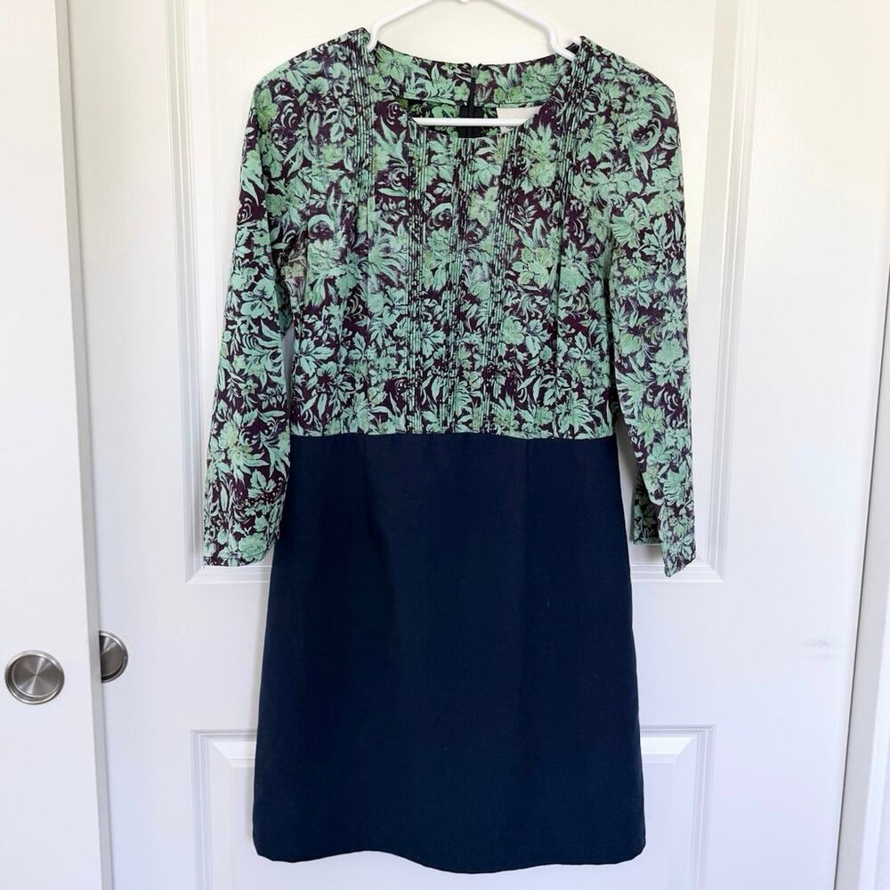 Rachel Antonoff Pleated Detail Floral Long Sleeve Career Dress Blue Green 6